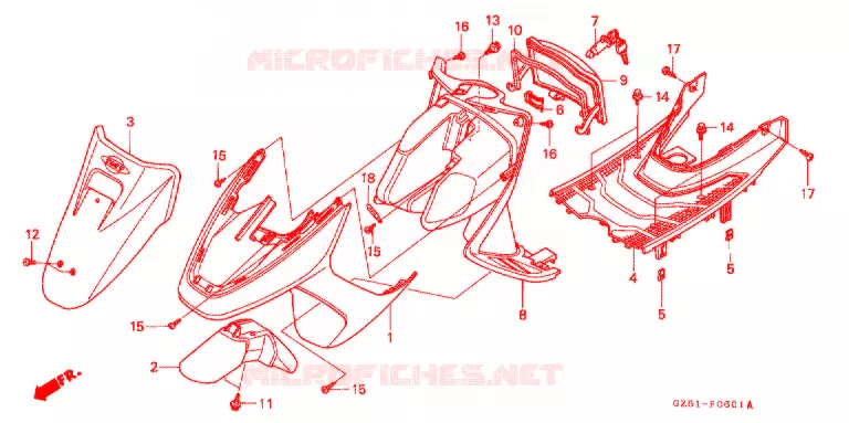 CARENAGE AVANT - PLANCHER (SZ50P/R/T) Honda SCOOTER 50 TACT 1994  SZ50R_II